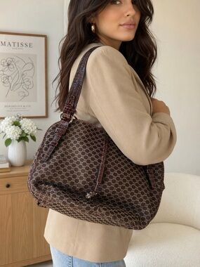 🤎 Celine Macadam Canvas Shoulder Brown Monogram w/ Croc Embossed Leather TrimCOA